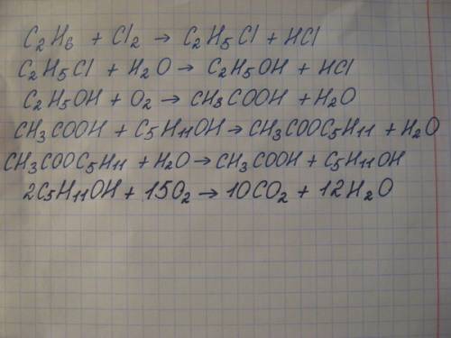 Осуществите превращения: c2h5cl--> c2h5oh--> (c2h5)o2--> c2h5oh--> ch3coh--> c2h5oh