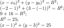 (x-x_0)^2+(y-y_0)^2=R^2;\\ (-2-1)^2+(3-(-1))^2=R^2;\\ 9+16=R^2;\\ R^2=25;\\ (x-1)^2+(y-3)^2=25 