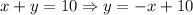 x+y=10\Rightarrow y=-x+10