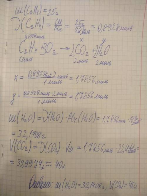 Какая масса h2o и какой объем co2 образуется при сжигании 25 г этилена?