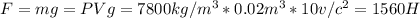 F=mg=PVg=7800kg/m^3*0.02m^3*10v/c^2=1560H