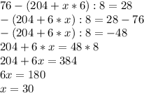 76-(204+x*6):8=28\\-(204+6*x):8=28-76\\-(204+6*x):8=-48\\204+6*x=48*8\\204+6x=384\\6x=180\\x=30