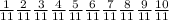 \frac{1}{11} \frac{2}{11} \frac{3}{11} \frac{4}{11} \frac{5}{11} \frac{6}{11} \frac{7}{11} \frac{8}{11} \frac{9}{11} \frac{10}{11}