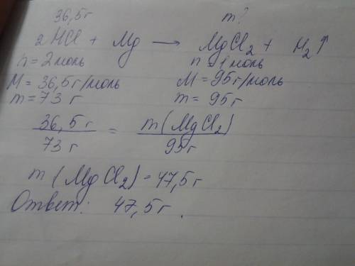 Найти массу хлорида магния полученного при взаимодействии магния с 36,5 граммами соляной кислоты.