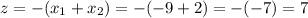 z=-(x_{1}+x_{2})=-(-9+2)=-(-7)=7