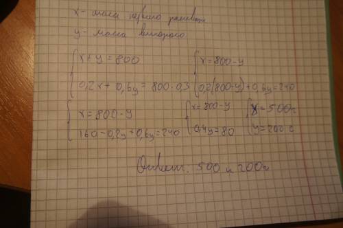 Смешав 20-процентный и 60-процентный растворы кислоты, получили 800 г раствора, содержащего 30% кисл