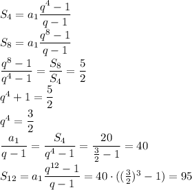 S_4=a_1\dfrac{q^4-1}{q-1}\\S_8=a_1\dfrac{q^8-1}{q-1}\\\dfrac{q^8-1}{q^4-1}=\dfrac{S_8}{S_4}=\dfrac52\\ q^4+1=\dfrac52\\ q^4=\dfrac32\\ \dfrac{a_1}{q-1}=\dfrac{S_4}{q^4-1}=\dfrac{20}{\frac32-1}=40 \\ S_{12}=a_1\dfrac{q^{12}-1}{q-1}=40\cdot((\frac32)^3-1)=95