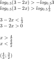 log_{0.5}(3-2x)-log_{0.5}3\\ log_{0.5}(3-2x)log_{0.5}\frac{1}{3}\\ \\ 3-2x<\frac{1}{3}\\ 3-2x0 \\ \\ x\frac{4}{3}\\ x<\frac{3}{2}\\ \\ (\frac{4}{3}; \frac{3}{2})