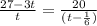 \frac{27-3t}{t} =\frac{20}{(t-\frac{1}{6})}