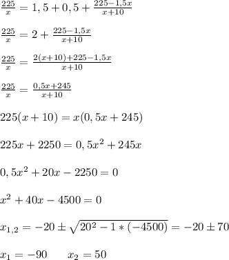 \frac{225}{x} = 1,5 + 0,5 + \frac{225 - 1,5x}{x+10} \\ \\ \frac{225}{x} = 2 + \frac{225 - 1,5x}{x+10} \\ \\ \frac{225}{x} = \frac{2(x+10)+225 - 1,5x}{x+10} \\ \\ \frac{225}{x} = \frac{0,5x+245}{x+10} \\ \\ 225(x+10) = x(0,5x+245) \\ \\ 225x +2250 = 0,5x^2 + 245x \\ \\ 0,5x^2 + 20x -2250 = 0 \\ \\ x^2 + 40x -4500 = 0 \\ \\ x_{1,2} = -20 \pm \sqrt{20^2 -1*(-4500)} = -20 \pm 70 \\ \\ x_1 = -90 \:\:\:\:\:\:\:\: x_2 = 50