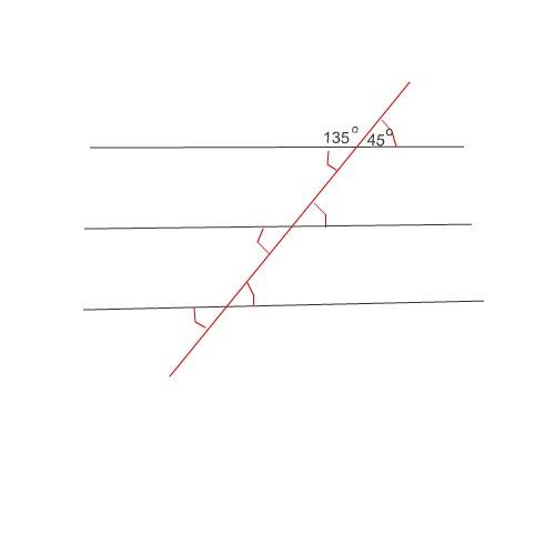 Прямые k,l и n -параллельные прямые.прямая s пересекает прямую k,прямую l и n, угол 3 равен 45 граду
