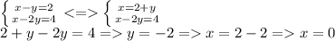 \left \{ {{x-y=2} \atop {x-2y=4}} \right. <=\left \{ {{x=2+y} \atop {x-2y=4}} \right. \\2+y-2y=4=y=-2=x=2-2=x=0