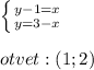 \left \{ {{y-1=x} \atop {y=3-x}} \right. \\\\otvet :(1;2)