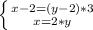 \left \{ {{x-2=(y-2)*3} \atop {x=2*y}} \right.