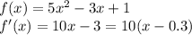 f(x)=5x^2-3x+1\\f'(x)=10x-3=10(x-0.3)