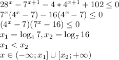 28^x-7^{x+1}-4*4^{x+1}+102\le0\\7^x(4^x-7)-16(4^x-7)\le0\\(4^x-7)(7^x-16)\le0\\x_1=\log_47, x_2=\log_716\\x_1<x_2\\x\in(-\infty; x_1]\cup[x_2; +\infty)