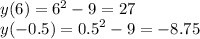 y(6) = {6}^{2} - 9 = 27 \\ y( - 0.5) = {0.5}^{2} - 9 = - 8.75