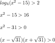 log_{4} (x^{2}-15)2\\\\x^{2}-1516\\\\x^{2}-310\\\\(x-\sqrt{31})(x+\sqrt{31})0