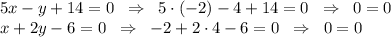 5x-y+14=0 \;\;\Rightarrow\;\;5\cdot(-2)-4+14=0\;\;\Rightarrow\;\;0=0\\ x+2y-6=0 \;\;\Rightarrow\;\;-2+2\cdot4-6=0\;\;\Rightarrow\;\;0=0