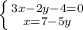 \left \{ {{3x-2y-4=0} \atop {x=7-5y}} \right.