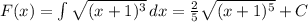 F(x)=\int\limits \sqrt{(x+1)^3}}\, dx=\frac{2}{5}\sqrt{(x+1)^5} +C