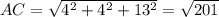 AC=\sqrt{4^2+4^2+13^2}=\sqrt{201}\\\\