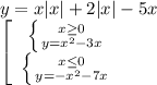 y=x|x|+2|x|-5x\\\left[\begin{array}{cc}\left \{ {{x\geq 0} \atop {y=x^2-3x}} \right. \\\left \{ {{x\leq 0} \atop {y=-x^2-7x}} \right. \end{array}