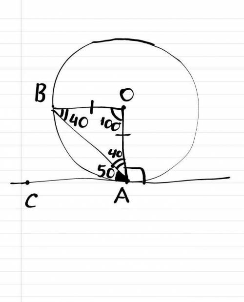 Ас касательная к окружности угол вас равен 50.определите угол аов