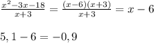 \frac{x^{2}-3x-18 }{x+3}=\frac{(x-6)(x+3)}{x+3}=x-6\\\\5,1-6=-0,9