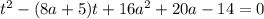 t^2-(8a+5)t+16a^2+20a-14=0