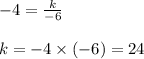 - 4 = \frac{k}{ - 6} \\ \\ k = - 4 \times ( - 6) = 24 \\