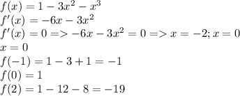 f(x)=1-3x^2-x^3\\f'(x)=-6x-3x^2\\f'(x)=0=-6x-3x^2=0=x=-2;x=0\\x=0\\f(-1)=1-3+1=-1\\f(0)=1\\f(2)=1-12-8=-19