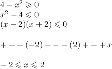 4 - {x}^{2} \geqslant 0 \\ {x}^{2} - 4 \leqslant 0 \\ (x - 2)(x + 2) \leqslant 0 \\ \\ + + + (- 2) - - - (2) + + + x \\ \\ - 2 \leqslant x \leqslant 2 \\