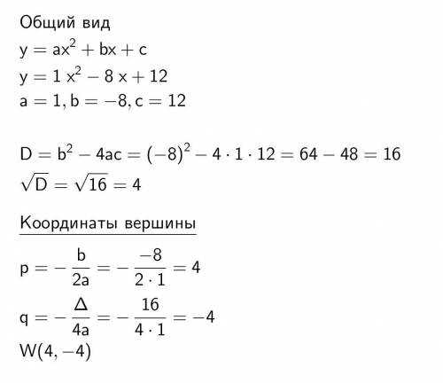 По надо дал бы больше найди координаты вершины параболы y=1x2−8x+12.