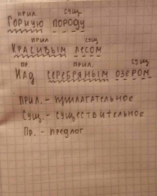 Разобрать как ч. речи. горную породу, красивым лесом, над серебряным озером.