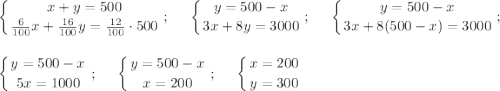 \displaystyle \left \{ {{x+y=500} \atop {\frac{6}{100}x+\frac{16}{100}y=\frac{12}{100} \cdot 500}} \right. ; \;\;\;\;\; \left \{ {{y=500-x} \atop {3x+8y=3000} \right. ; \;\;\;\;\; \left \{ {{y=500-x} \atop {3x+8 (500-x)=3000} \right. ; \\\\\\\left \{ {{y=500-x} \atop {5x=1000} \right.; \;\;\;\;\; \left \{ {{y=500-x} \atop {x=200} \right. ; \;\;\;\;\; \left \{ {{x=200} \atop {y=300}} \right.