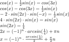 cos(x) - \frac{1}{2}sin(x) = cos(3x)\\ cos(x) - cos(3x) =\frac{1}{2}sin(x)\\ -2\cdot sin(2x)\cdot sin(-x) = \frac{1}{2}sin(x)\\ 4\cdot sin(2x)\cdot sin(x) = sin(x)\\ sin(2x) = \frac{1}{4}\\ 2x = (-1)^{n}\cdot arcsin(\frac{1}{4}) + \pi n\\ x = (-1)^{n}\cdot \frac{arcsin(\frac{1}{4})}{2} + \frac{\pi}{2} n\\ 