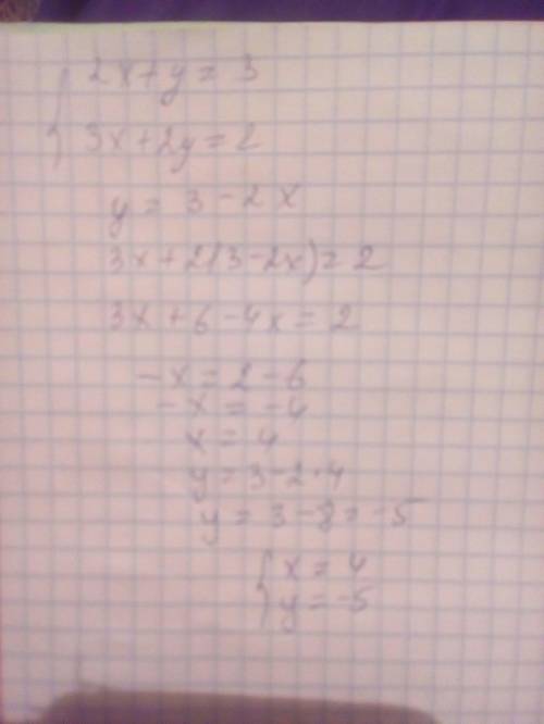 Решите систему методом подстановки 2x+y=3 3x+2y=2 с решением