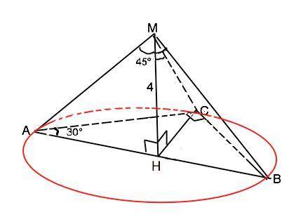 Основание пирамиды - прямоугольный треугольник с острым углом 30. высота пирамиды равна 4 см и образ