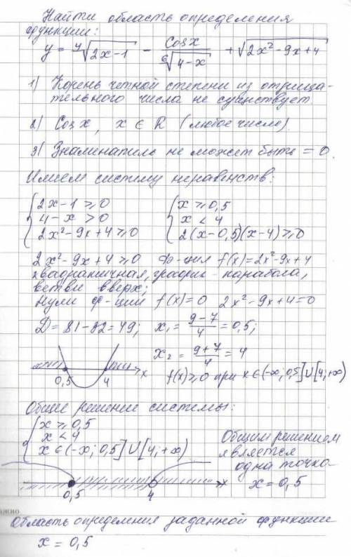 Y=sqrt4(2x-1)-cosx/sqrt6(4-x)+sqrt(2x^2-9x+4) найдите область определения функции sqrt4 это корень ч