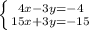 \left \{ {{4x-3y=-4} \atop {15x+3y=-15}} \right.