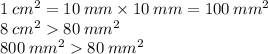 1 \: cm {}^{2} = 10 \: mm \times 10 \: mm = 100 \: mm {}^{2} \\ 8 \: cm {}^{2} 80 \: mm {}^{2} \\ 800 \: mm {}^{2} 80 \: mm {}^{2}