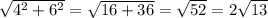 \sqrt{ {4}^{2} + {6}^{2} } = \sqrt{16 + 36} = \sqrt{52} = 2 \sqrt{13}