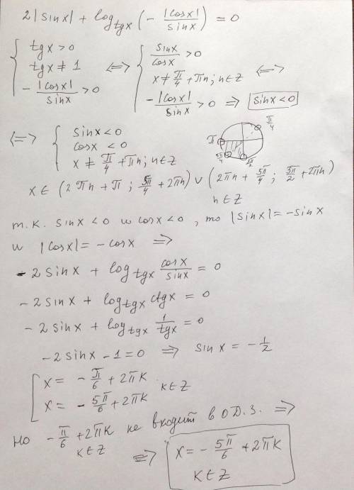 Срешением и объясните одз, знаю, что ответ будет x=-5pi/6+2pik; k прин z[tex]2 | \sin(x) | + log_{ \