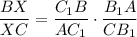 \dfrac{BX}{XC} =\dfrac{C_1B}{AC_1} \cdot \dfrac{B_1A}{CB_1}