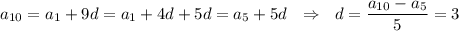 a_{10}=a_1+9d=a_1+4d+5d=a_5+5d~~\Rightarrow~~ d=\dfrac{a_{10}-a_5}{5}=3