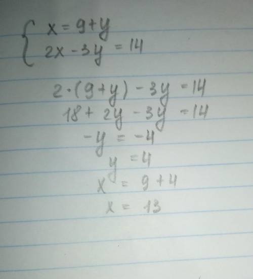 Сверху x=9+y. внизу 2x-3y=14 системы уравнений