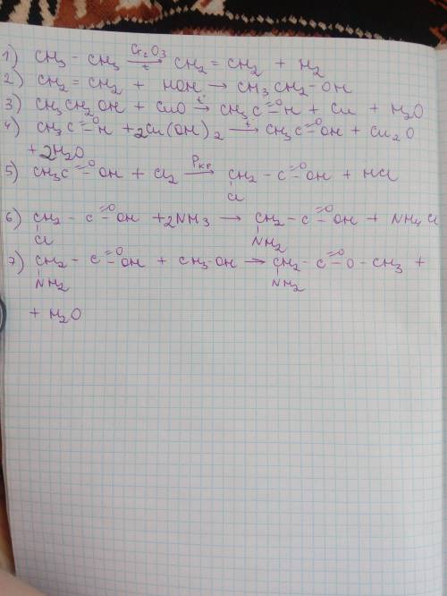 Здійснити перетворення c2h6- c2h4- c2h5oh- ch3coh - ch3cooh- ch2clcooh- ch2nh2cooh - ch2nh2cooch3