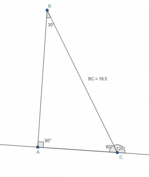 Треугольник авс прямоугольный. угол а – прямой. внешний угол при вершине с равен 120⁰, длина стороны