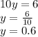 10y = 6 \\ y = \frac{6}{10} \\ y = 0.6